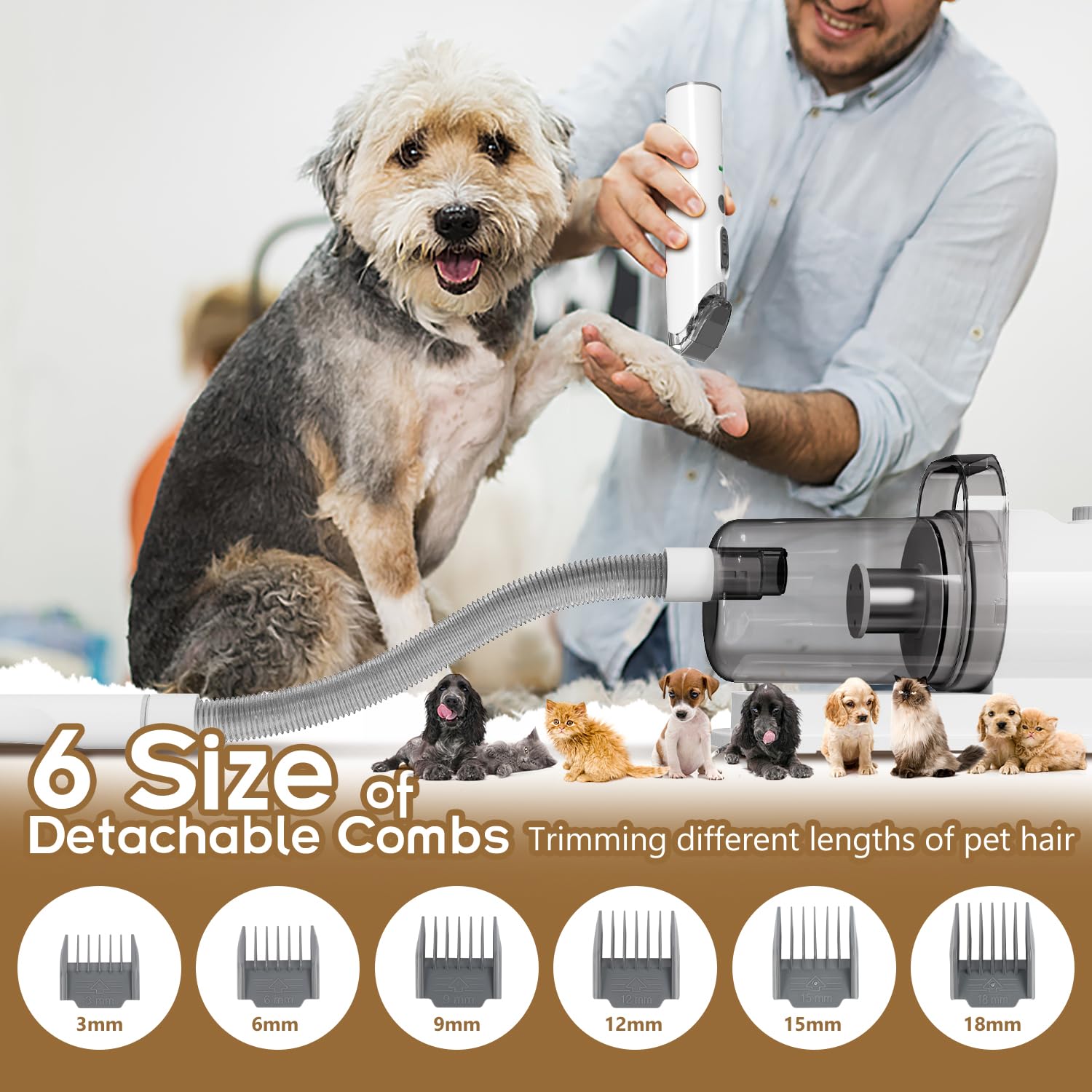 Aspiradora para perros, kit de aseo para mascotas con cortadora de mascotas, aspiradora para perros para aseo, 2.5 L, 6 en 1, kit de aseo de bajo ruido para perros y gatos en casa