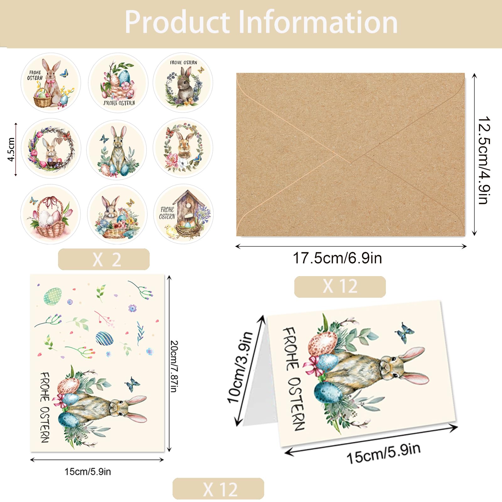 Klasse Lot De 12 Cartes De Pâques Pliables Avec 12 Enveloppes Imprimées Assorties Dans Des Tons