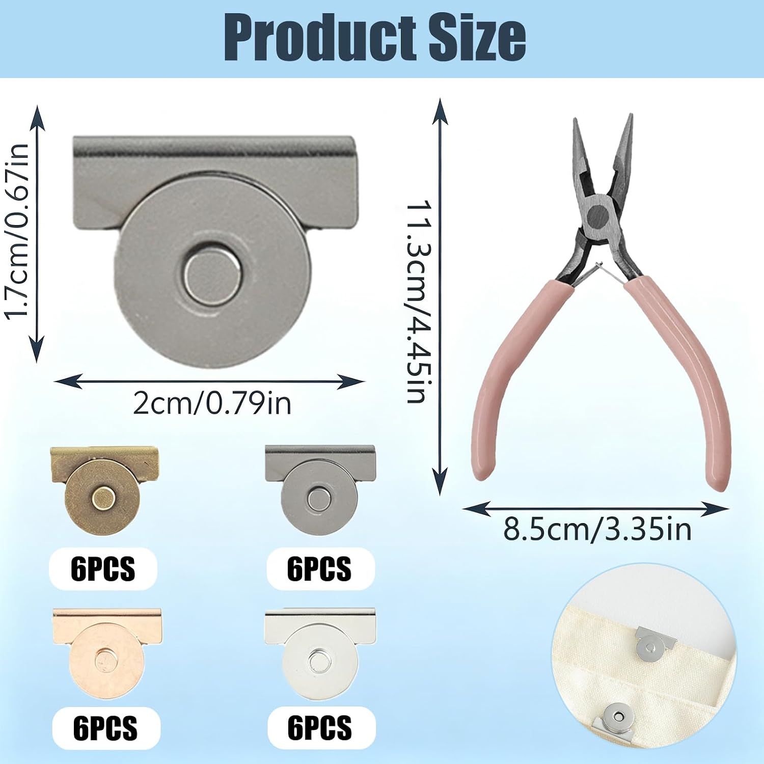 24 Pairs 14mm Magnetic Snap Fasteners for Bags, 4 Colors with Tweezers