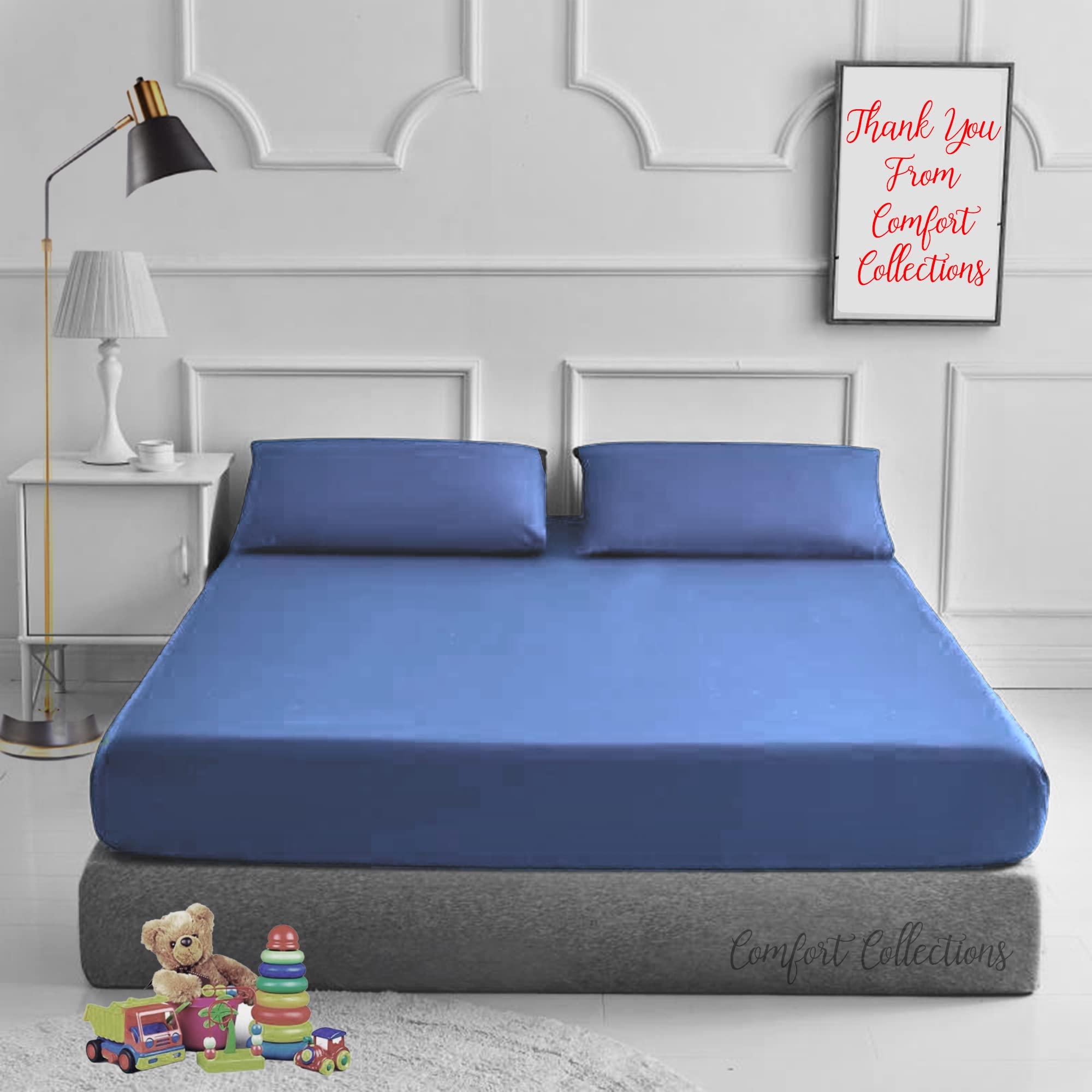 Comfort Collections Plain Dyed Easy Care Poly Cotton Flat and Fitted Sheet Set with Pillow Case Bedding Set (Mid Blue, King)