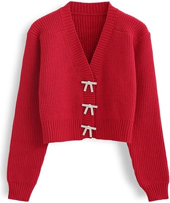 CHICWISH النساء المحاصيل سترة سترات Bowknot Brooch Button Knit Cardigans فتح الجبهة طويلة الأكمام قمم سترة