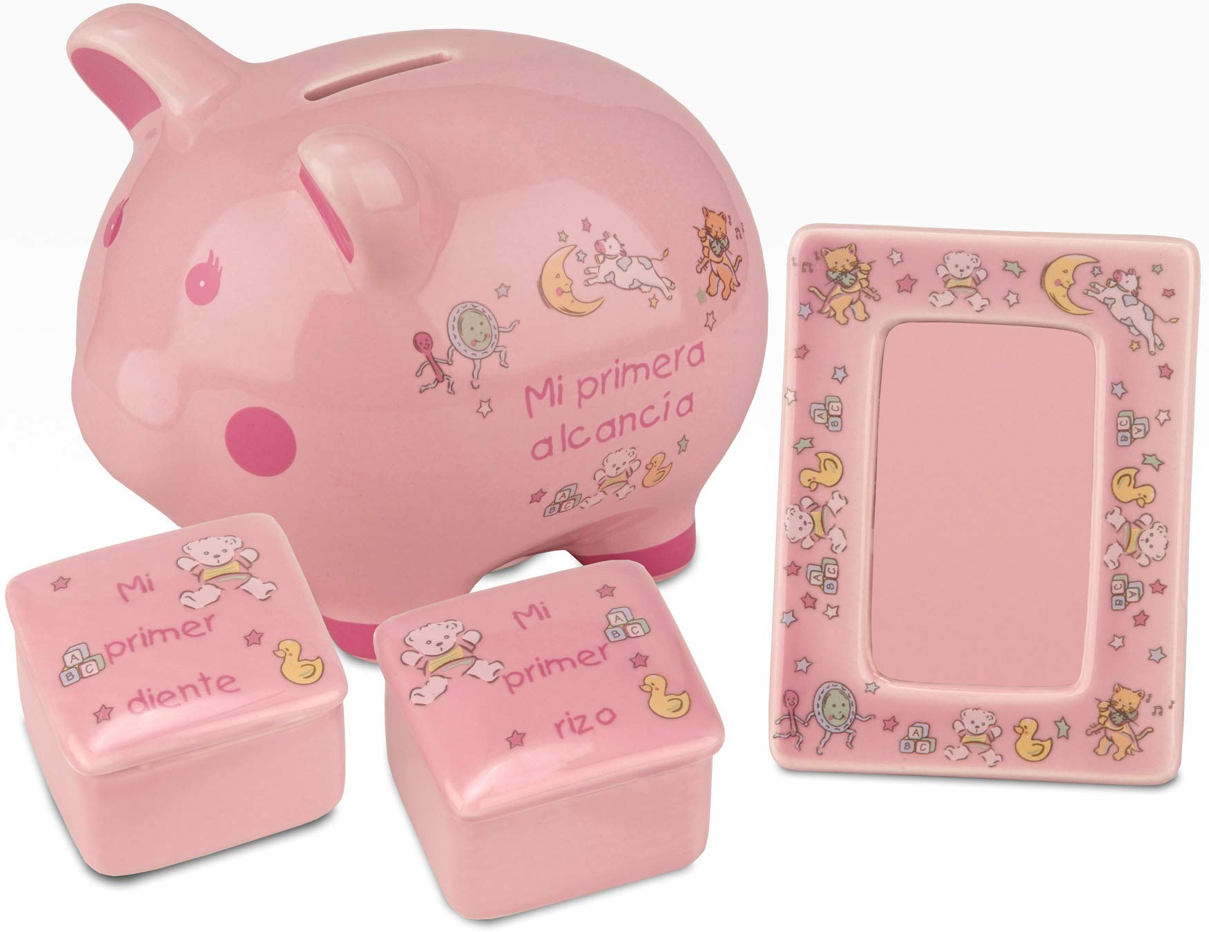 BRUBAKER Mi Primer Juego de Regalo de Hucha para Bebé Niña - 4 Piezas de Recuerdo Incluye Hucha, Primer Rizo, Primer Diente y Marco de Fotos - Rosa - Spanish (Español)