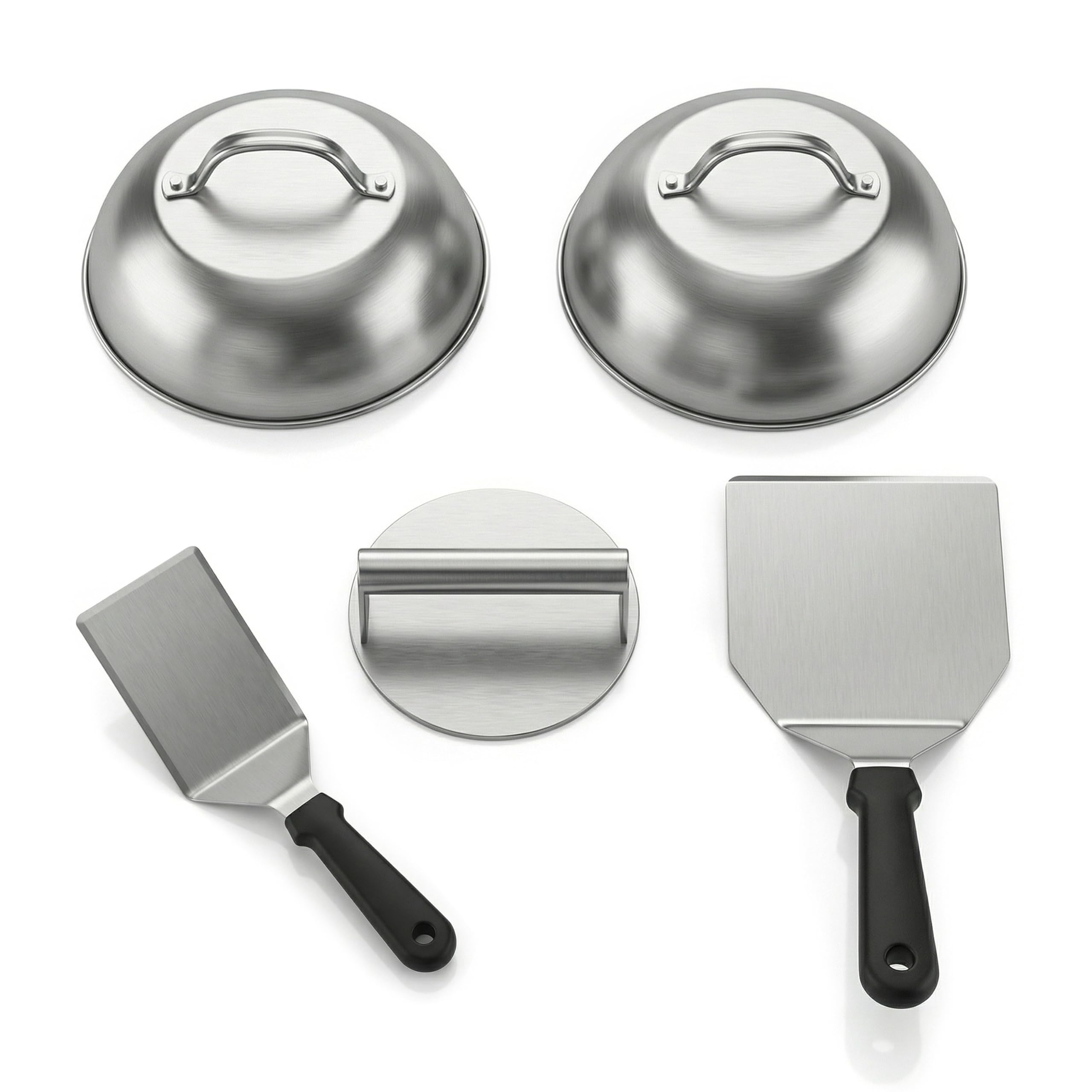 Arendo - Burger Set XXL - 1 x Grillspachtel - 1 x Pfannenwender - 1 x Burgerpresse - 2 x Schmelzkuppeln – Edelstahl – hitzebeständig geschmacksneutral lebensmittelecht - Burger und Smash Burger