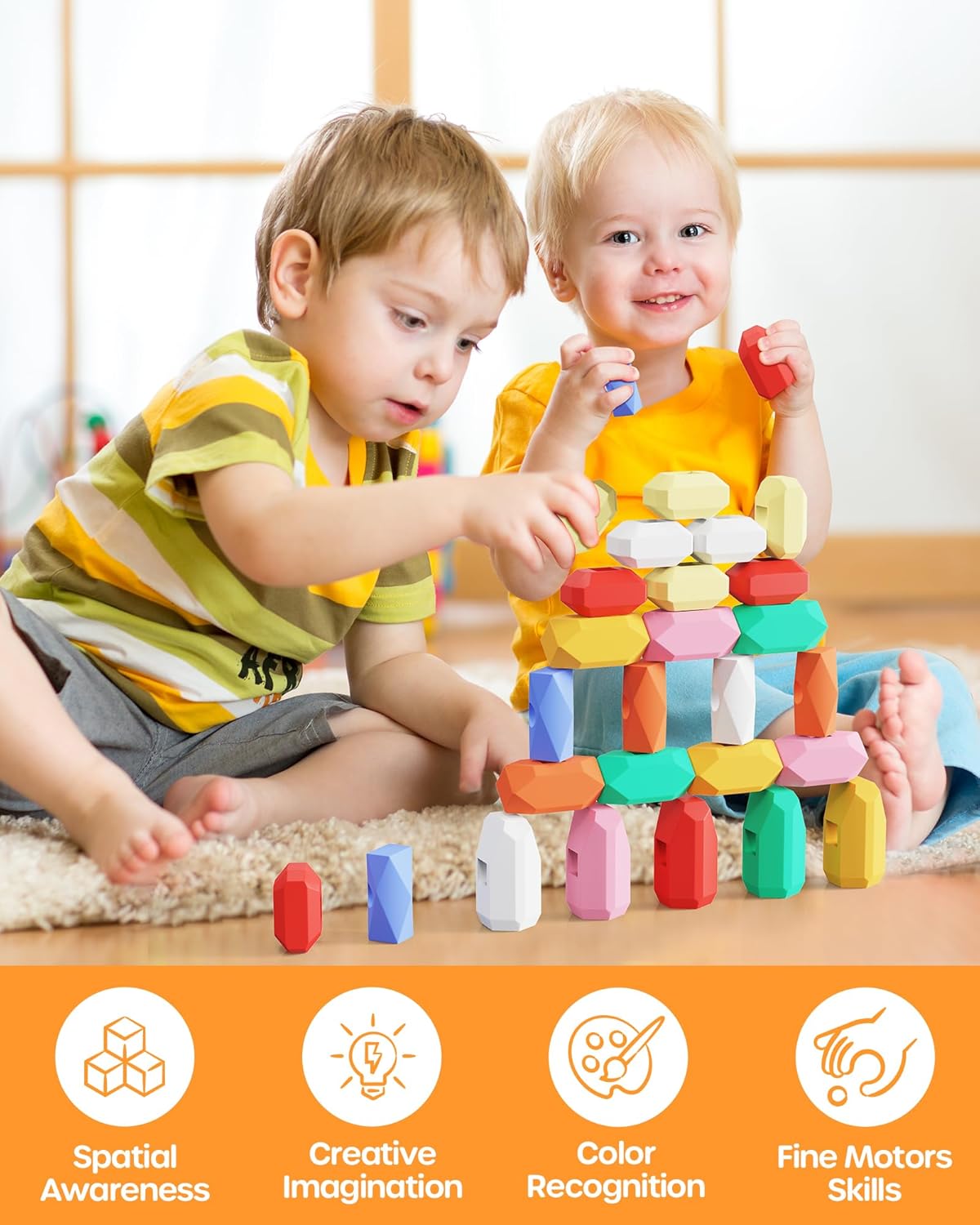 D-FantiX 39 PCS Stacking Rocks Stones Building Blocks, Montessori Toys for 3 4 5 6 Year Old Toddlers and Kids, Sensory Toy Balancing Stacking Game for Boys and Girls