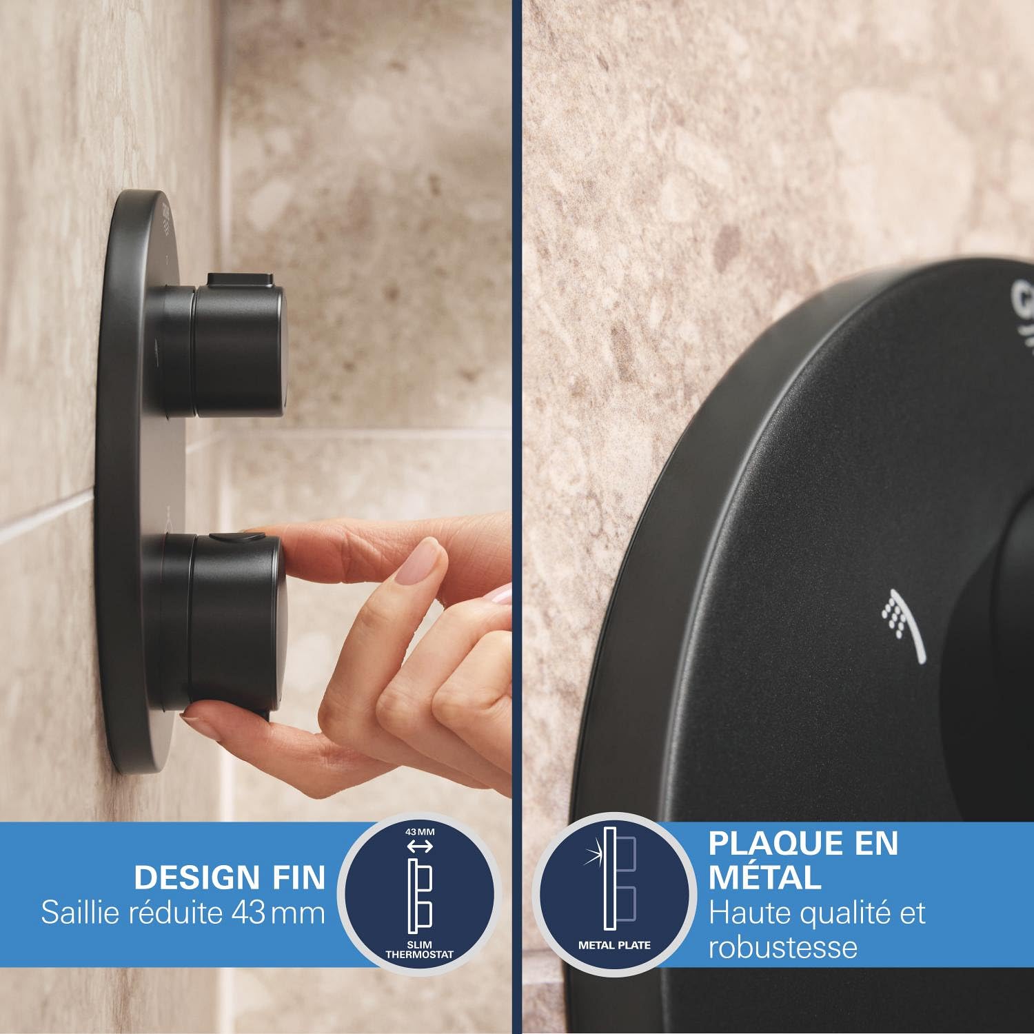 GROHE Precision Thermostatique Rond Ensemble de Douche Encastré Vitalio Start avec Douche de Tête 25cm, Douchette 11cm 2 jets, Support Mural et Flexible 1.5m, Economie d'Eau, Noir Mat, 348832430