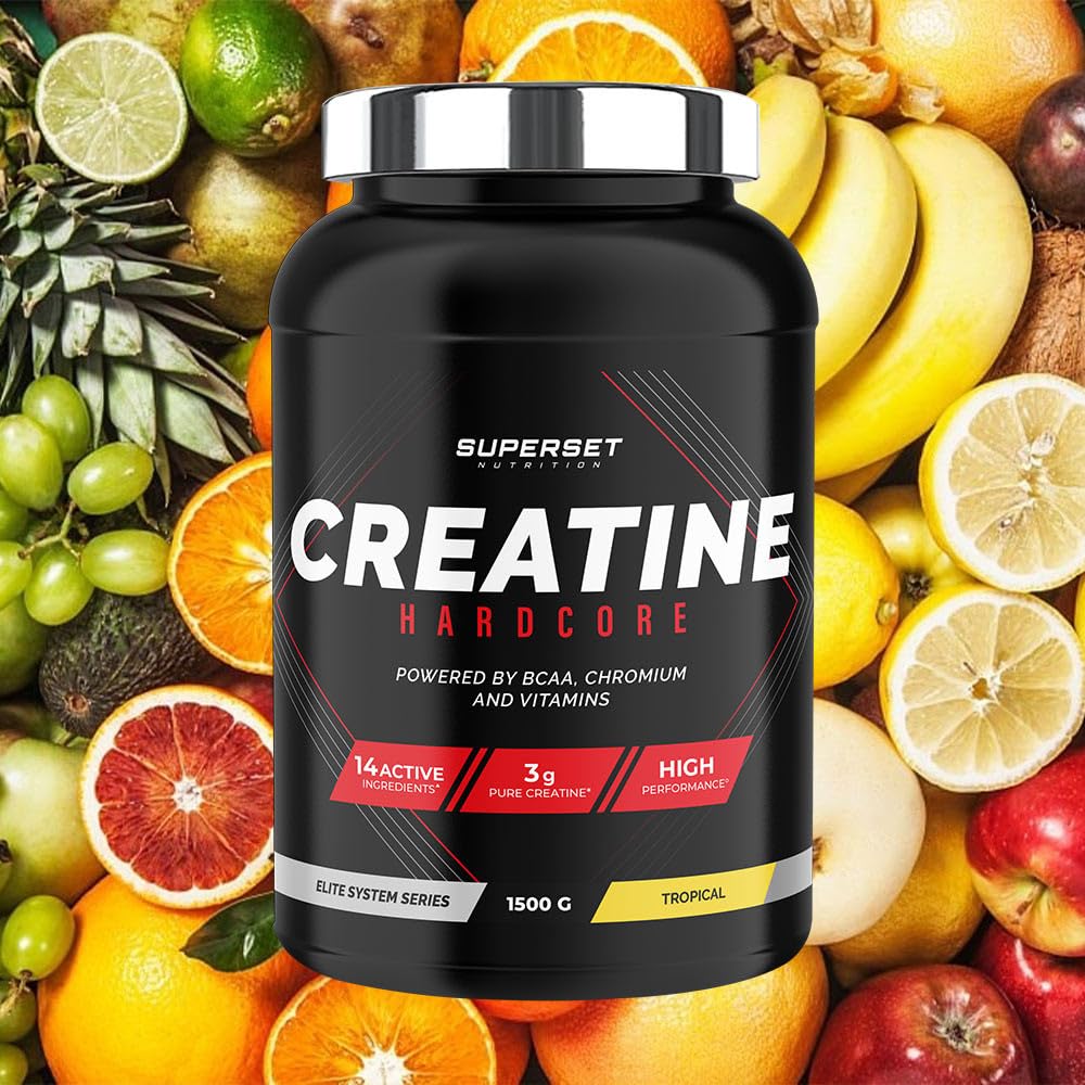 Superset Nutrition - Creatine Hardcore (1,5kg) - Poudre soluble - 3g de créatine monohydrate par dose, BCAA, Glucides - Récupération optimale et puissance - Adaptée aux sports intenses - Tropical