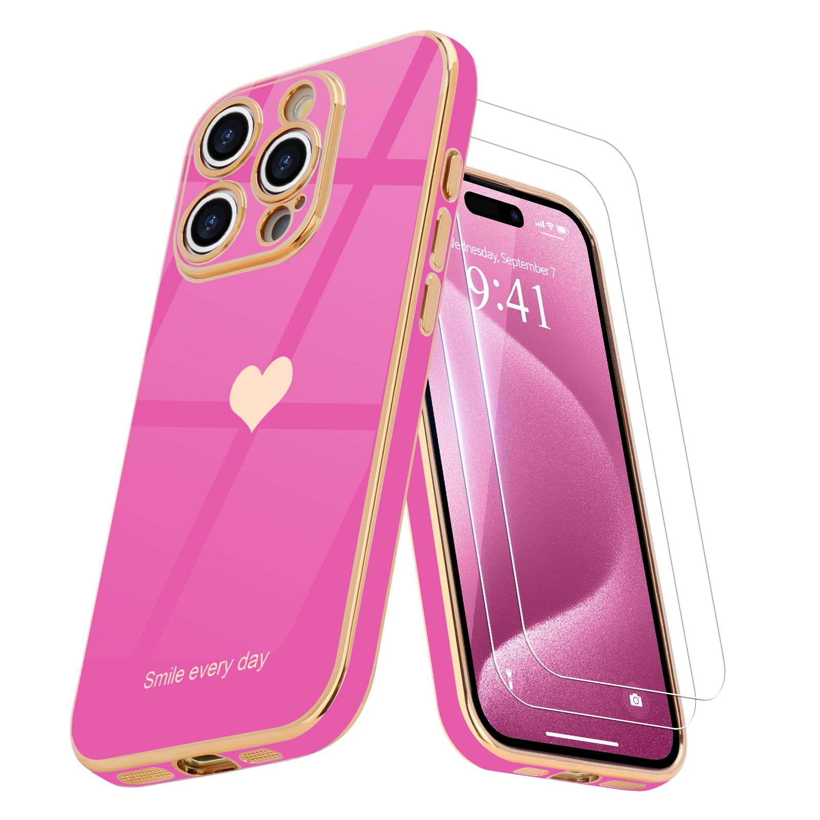 Teageo Compatible with iPhone 15 Pro Max Case for Girl Women Cute Love-Heart Luxury Bling Plating Soft Back Cover Raised Camera Protection Bumper