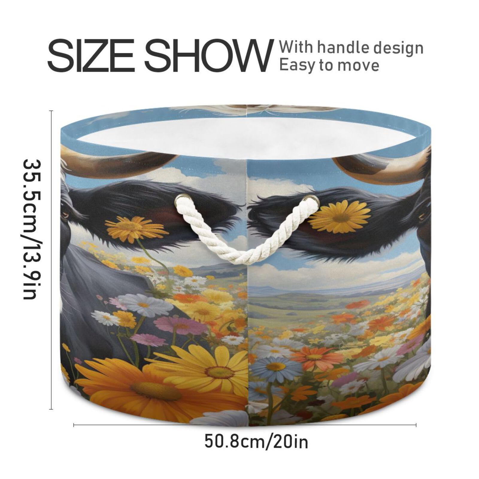 Round Cute Black and White Cow Flower Storage Basket Large Organizer Bin Laundry Hamper Toy Storage Basket with Handle for Nursery Clothes Toys 202b4887