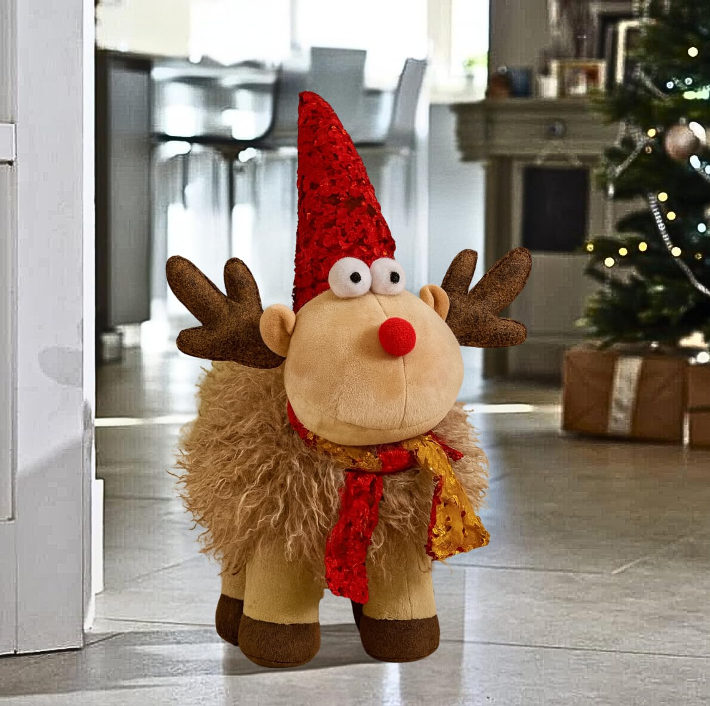 Marco Paul 38cm Christmas Reindeer Ornament - Freestanding Weighted Plush Deer with Sequin Santa Hat - Novelty Christmas Decorations for Decorative Door Stop, Home Decor, Centrepiece & Gift Idea
