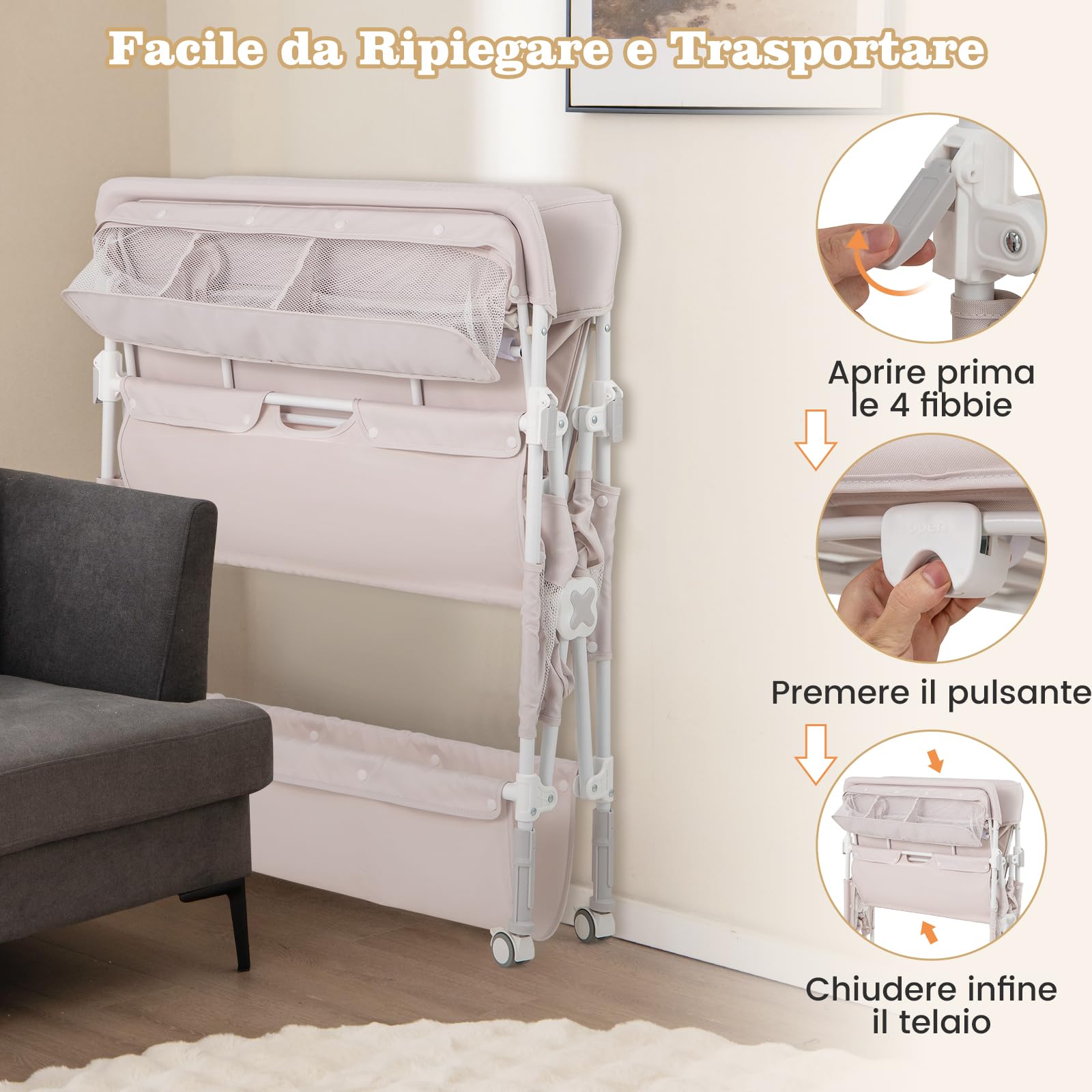 RELAX4LIFE Fasciatoio Pieghevole per Neonati, Fasciatoio Portatile con Cestino Laterale e Porta Asciugamani, Altezza Regolabile e Ruote Bloccabili, per Cameretta dei Bambini (Naurtale)