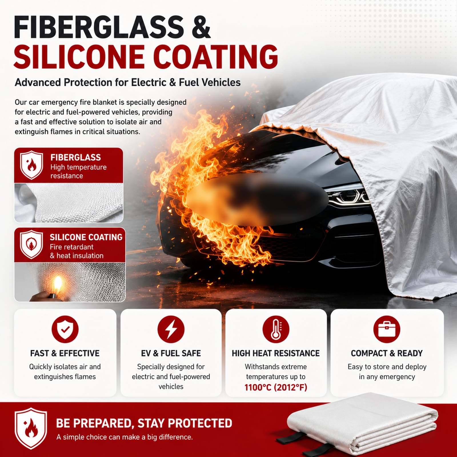 Mantas Ignífugas De Emergencia para Coches, Manta De Extinción De Incendios De Emergencia, Resistente Al Calor 800°C, 4×6m / 6×8m / 6×9m, para Coches, Garajes 4 * 6m/13 * 20ft