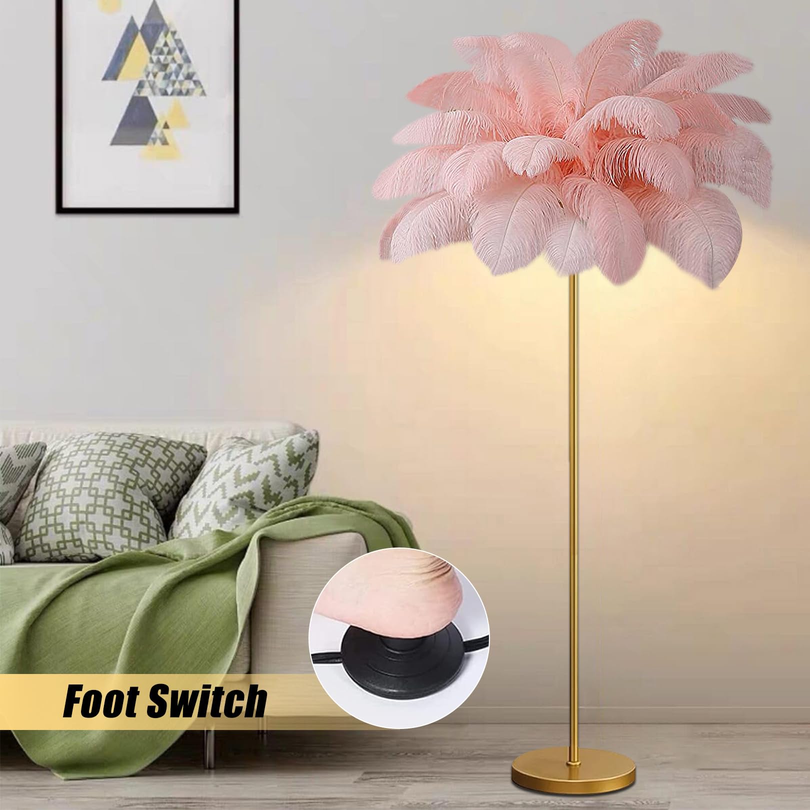 Lampada da Terra con Piume, Piuma di Struzzo Naturale Rosa Lampada da Terra Bianca Lampada da Terra Moderna con Piume Interruttore a Pedale Dimmerabile Camera da Letto Romantica per Ragazza Lampada