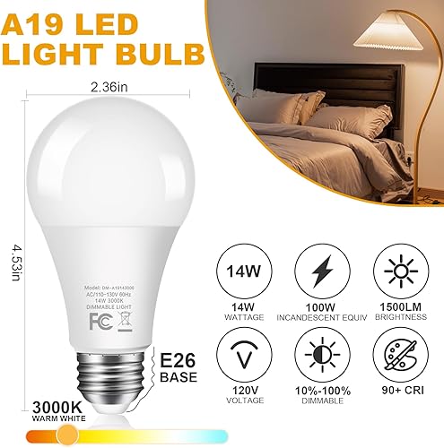 Miniatura 5 de Paquete de 16 bombillas regulables, equivalente a 100 W, bombillas LED A19 de 1500 LM, blanco cálido 3000 K, sin parpadeo, base E26 para cocina,