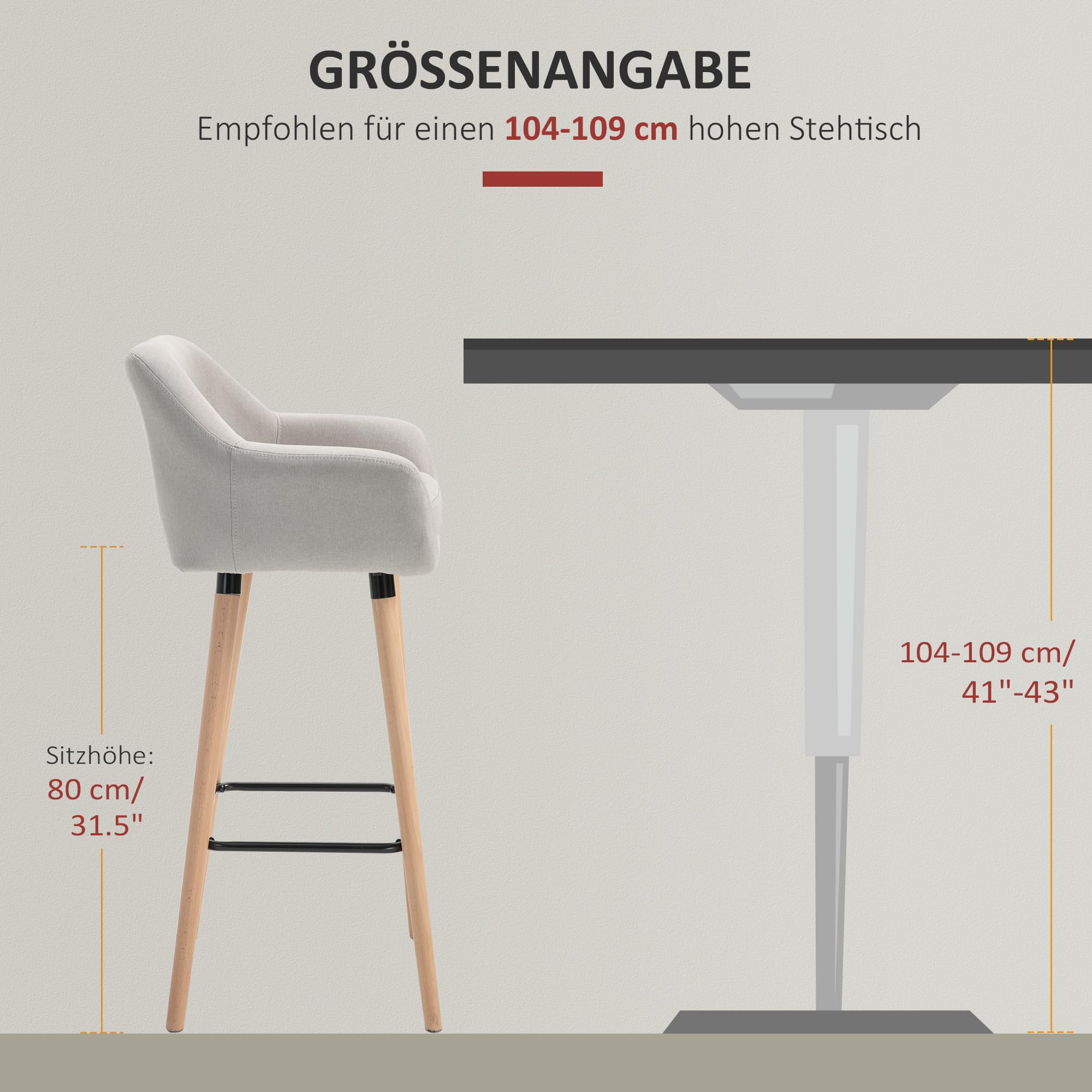 HOMCOM Barhocker 2er Set mit Sitzkissen, Rückenlehne, Armlehnen, Beige