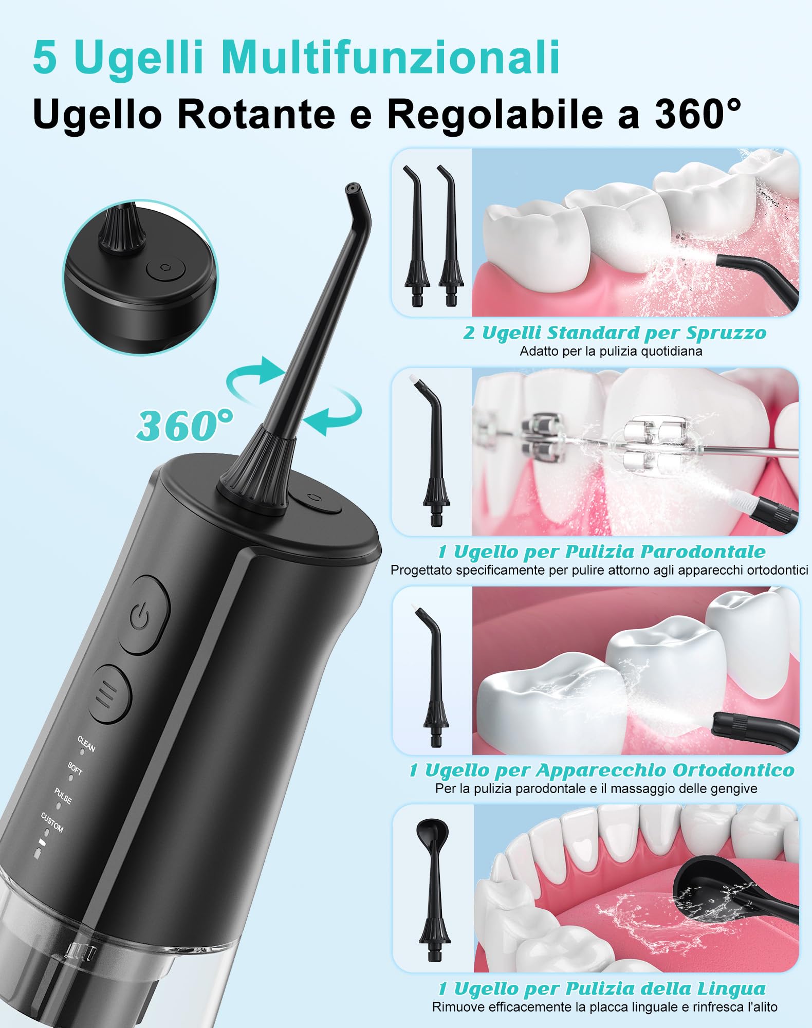 Idropulsore Dentale Portatile DIY, Irrigatore Orale 5 Modalità e 3 Intensità, Irrigatore Dentale Serbatoio 300ML, Ricarica USB, Impermeabile IPX7, Senza BPA, Silenzioso, per Viaggi e Casa