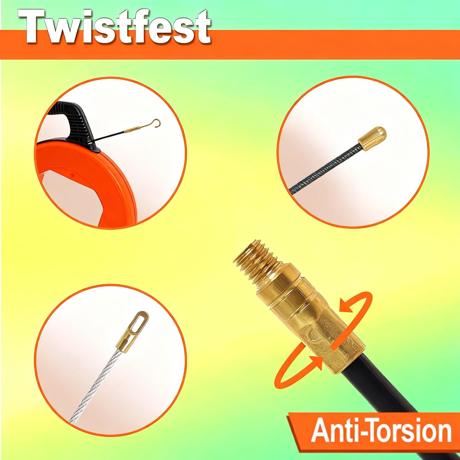 Gekufa Sonda Passacavi Cavo da 30 m, 4 mm, Sonda Tiracavi con 6 adattatori, filo di trazione con alloggiamento in plastica e maniglia, molla di estrazione per la posa dei cavi (arancione)