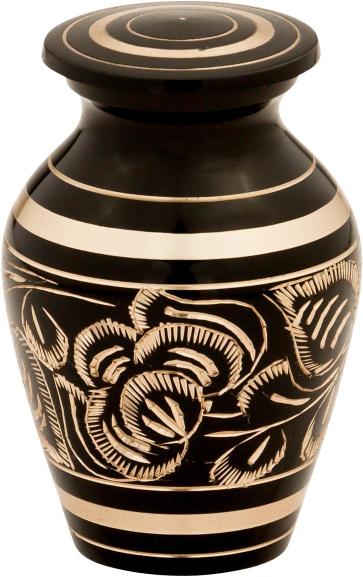 Villarose Keepsake Brass Cremation Urn, Black and Gold, Floral Pattern, 3 Inches High