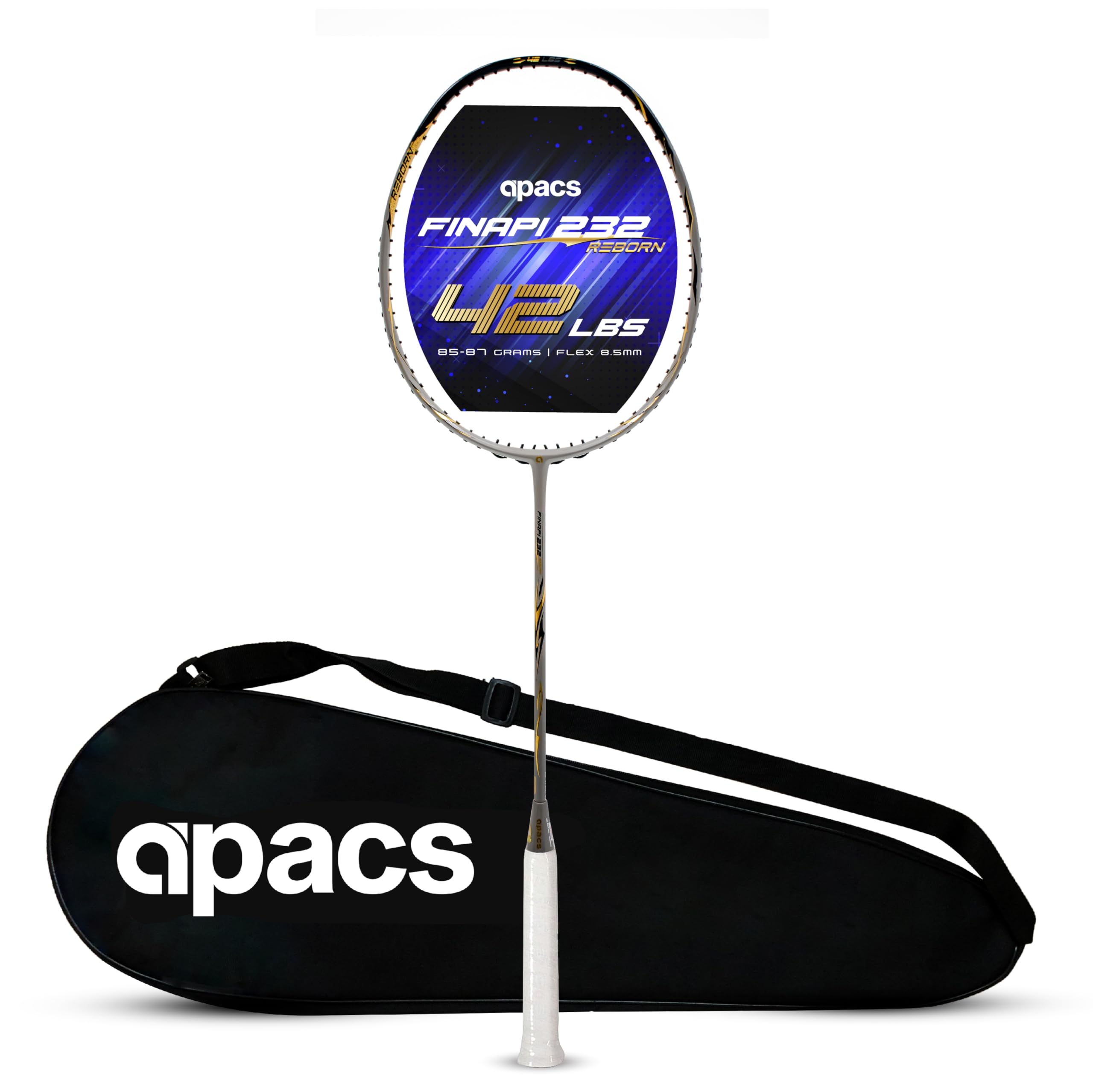ApacsFinapi 232 Reborn (Unstrung, 42 LBS Mega Tension, World's Toughest Frame) Power Series Badminton Racket | Made with 100% Japanese Ultra Graphite Badminton Racquet with Full Cover (Grey)