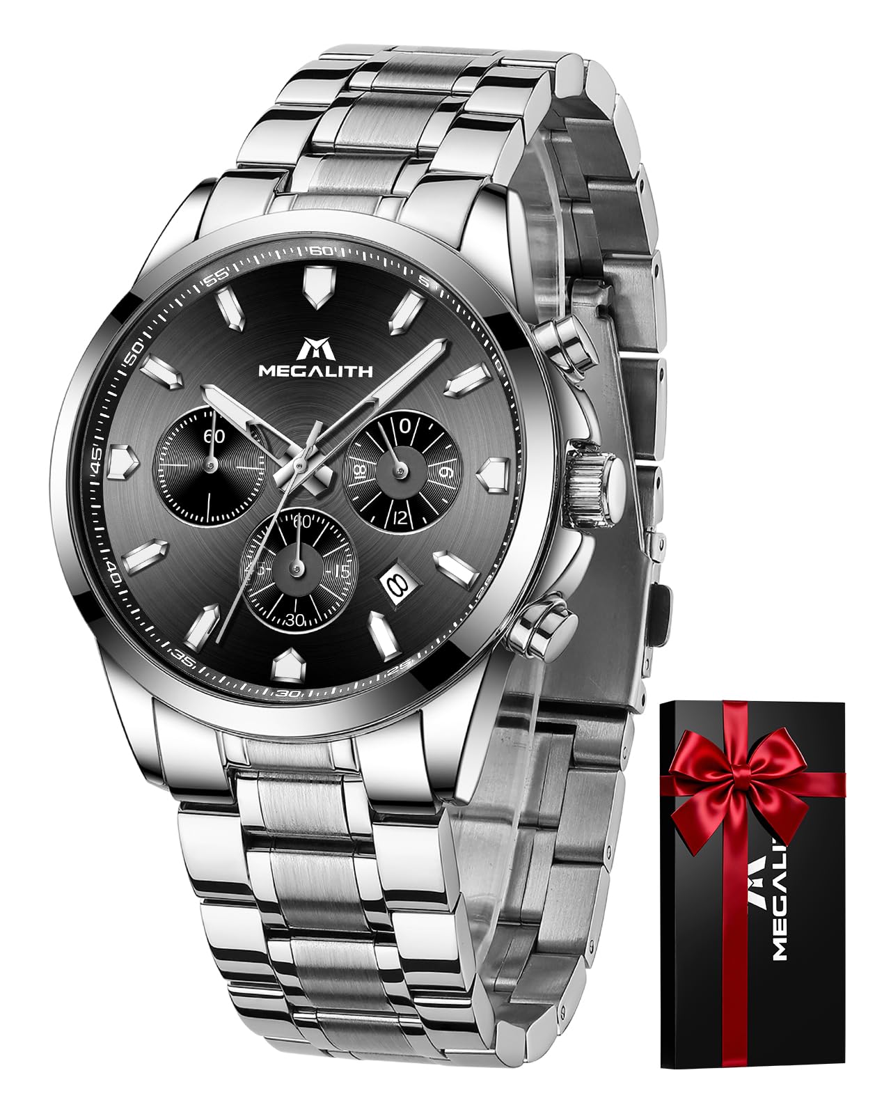 MEGALITH Herren Uhr Edelstahl Armbanduhr: Chronograph Analog Wasserdicht Herrenuhr mit Datum Leuchtend - Elegantes Geschenke für Business Männer Geburtstag Jubiläum
