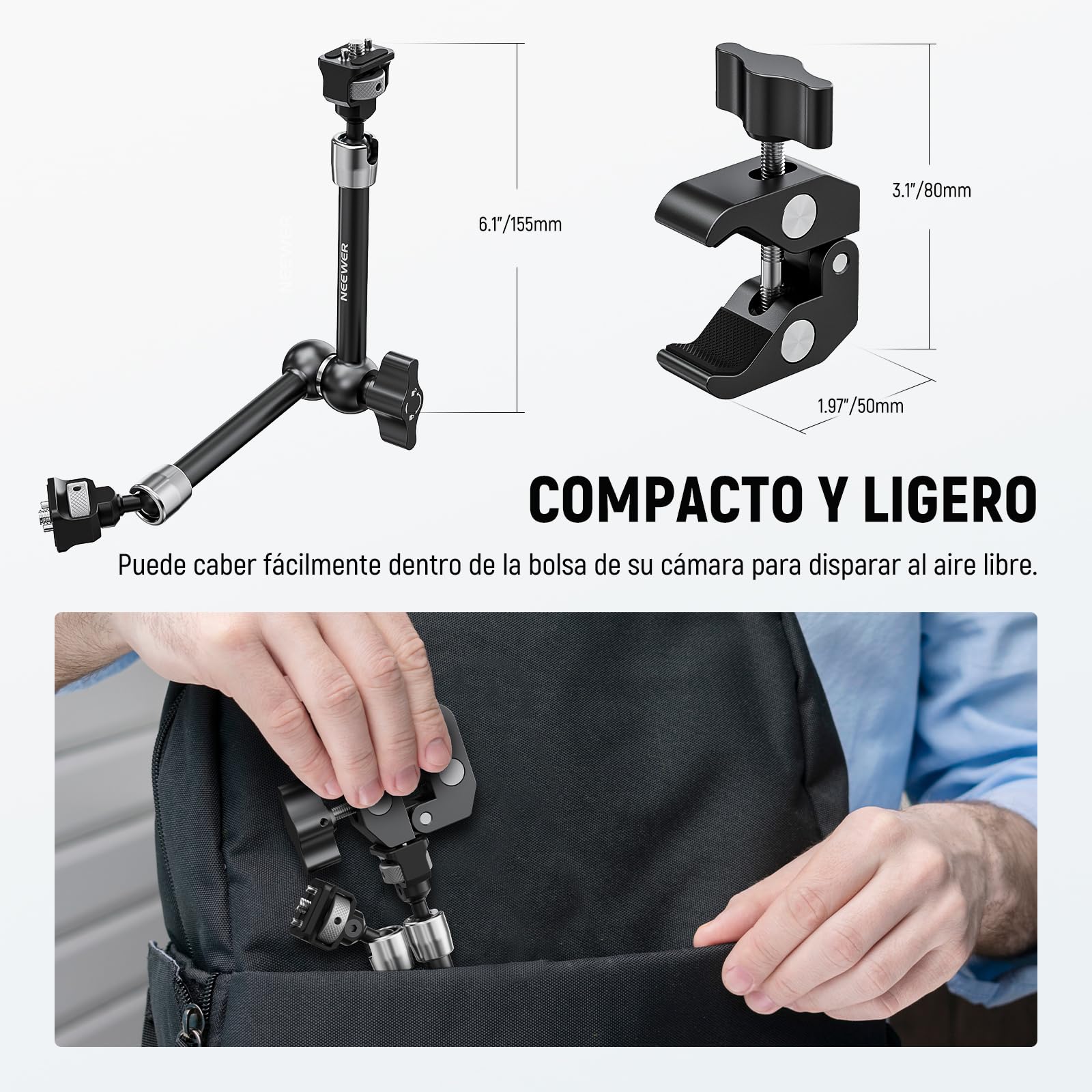 NEEWER 11" Magic Arm Clamp Mount Articulado con Super Clamp, Cámara Monitor Mount con 1/4" 3/8" ARRI Localización Pasador y Orificio para DSLR Cámara Acción Luz Compatible con SmallRig Jaula, ST16C