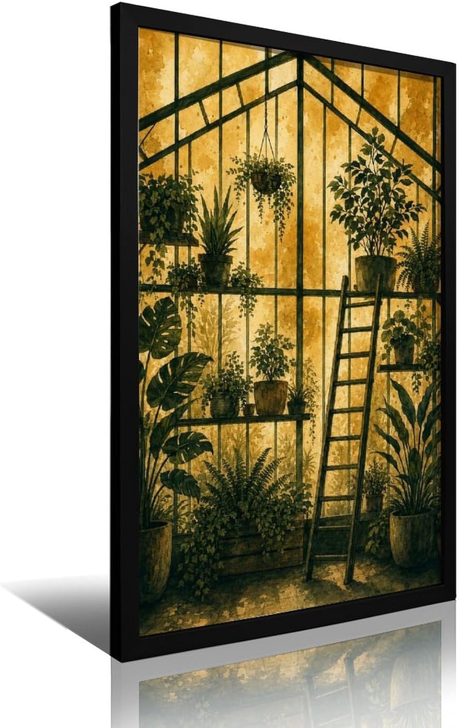 Greenhouse Library Botanical Window Shelves Green Beige Wall Art Poster