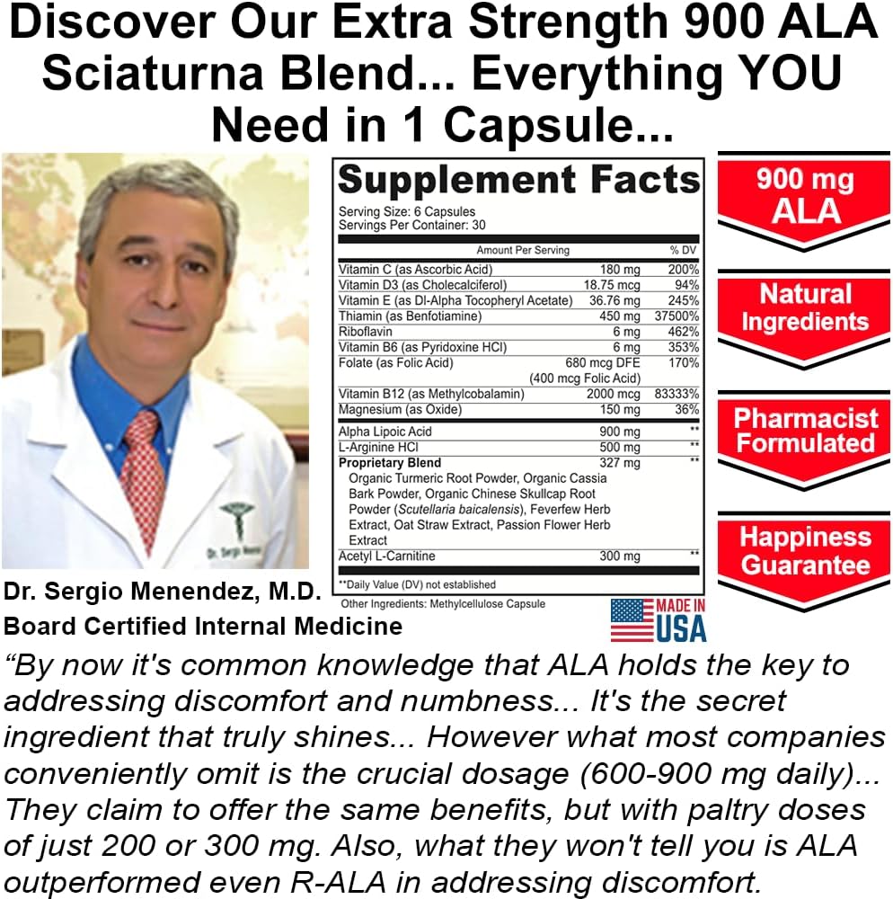 Sciatica Nerve Nutritional Blend with 900 mg Alpha Lipoic Acid - Natural Vitamins for Lower Lumbar, Back, Hip, Thigh, Leg, Foot - 180 Capsules