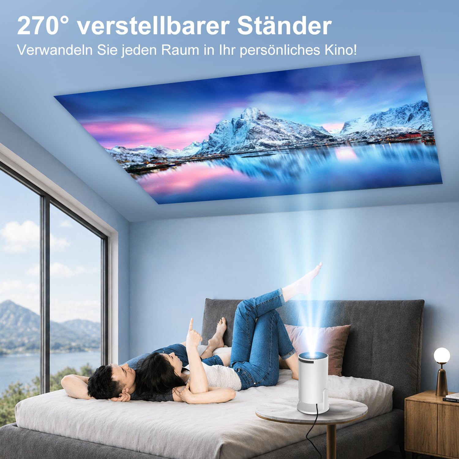 Salange Mini Beamer Unterstützt 4K, Android 14 mit Apps,Smart Projektor Tragbarer mit 5G WiFi 6 und Bluetooth 5.4,Klein Portable Beamer Auto Keystone 8000L 270°Dreh, Heimkino Outdoor,Weiß