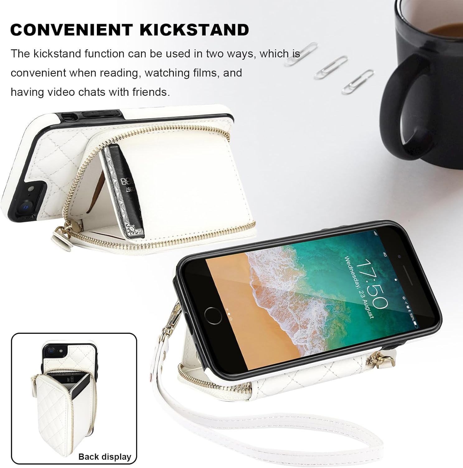 Bocasal Crossbody Wallet Case for iPhone SE 2022/SE 2020/8/7, RFID Blocking PU Leather Zipper Handbag Purse Flip Cover, Kickstand Folio Case with Card Slots Holder Wrist Strap Lanyard 4.7 Inch (White)