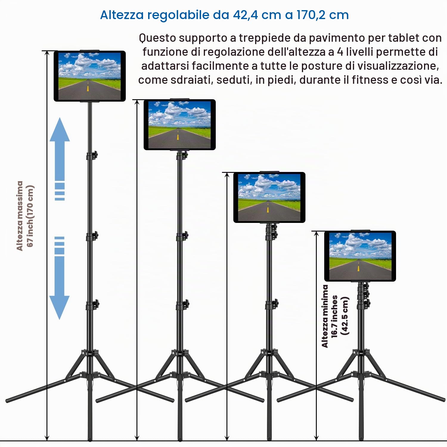 Regolabile in altezza Supporto per Tablet 67" per iPad Air Mini 6-5-4-3-2 iPad Pro 9.7 10.5 12.9 iPhone Smartphone 4.5-12.9 Pollici
