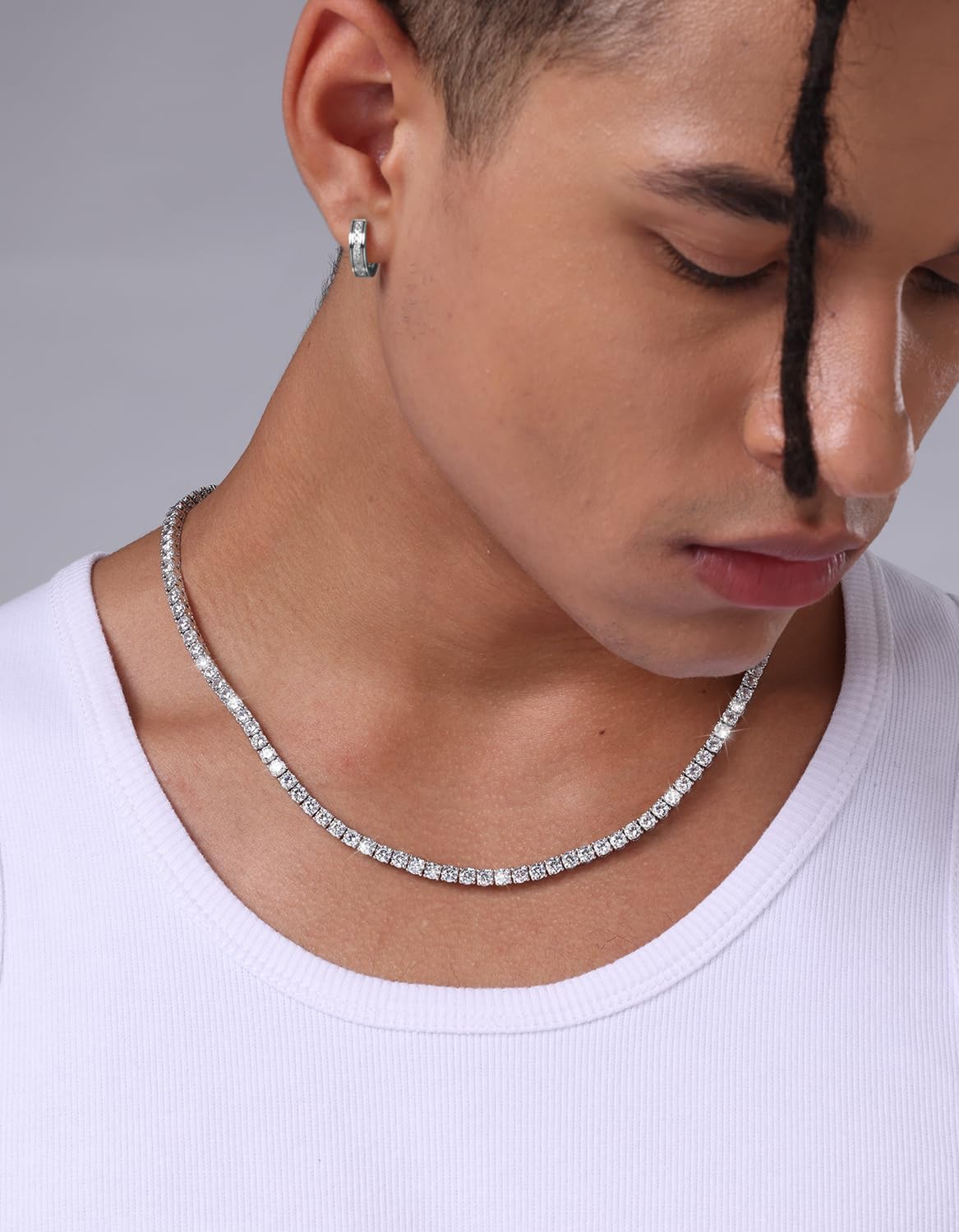 KRKC Tennis Necklace for Men 14K White Gold Plated, 1 Row AAAAA+ Cubic Zirconia Link Chain with, 3-5mm Width Durable Tennis Chain Jewelry Christmas Gift (18-24 Inches) Hypoallergenic