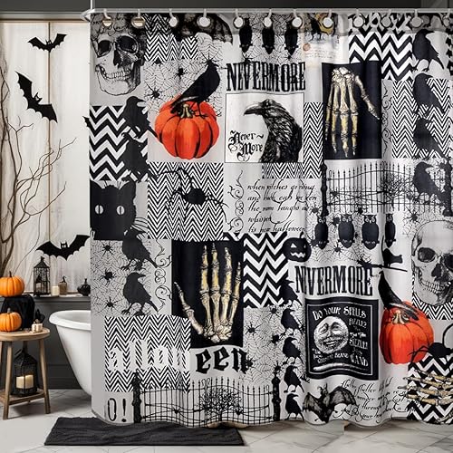 Miniatura 2 de EVENHUG Cortina de ducha de Halloween con ganchos, juego de cortina de ducha impermeable para baño, decoración temática de Halloween, 72 x 72