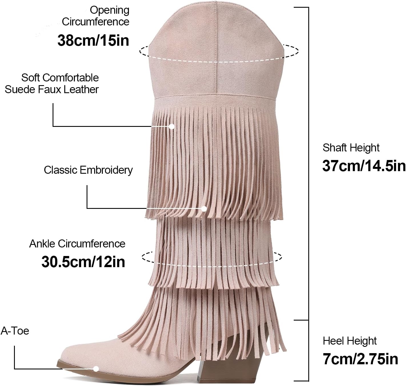 Cowgirl Boots for Women Retro Pointed Toe Pull On Block Chunky Heel Fringe Country Concert Outfits Knee High Western Suede and Faux Leather Cowboy Boots - Image 4