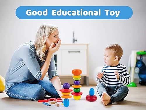 Miniatura 4 de WODI - 10 piedras apilables de madera de arcoíris, bloques de rocas de equilibrio de clasificación de madera multiestilo, juguetes educativos