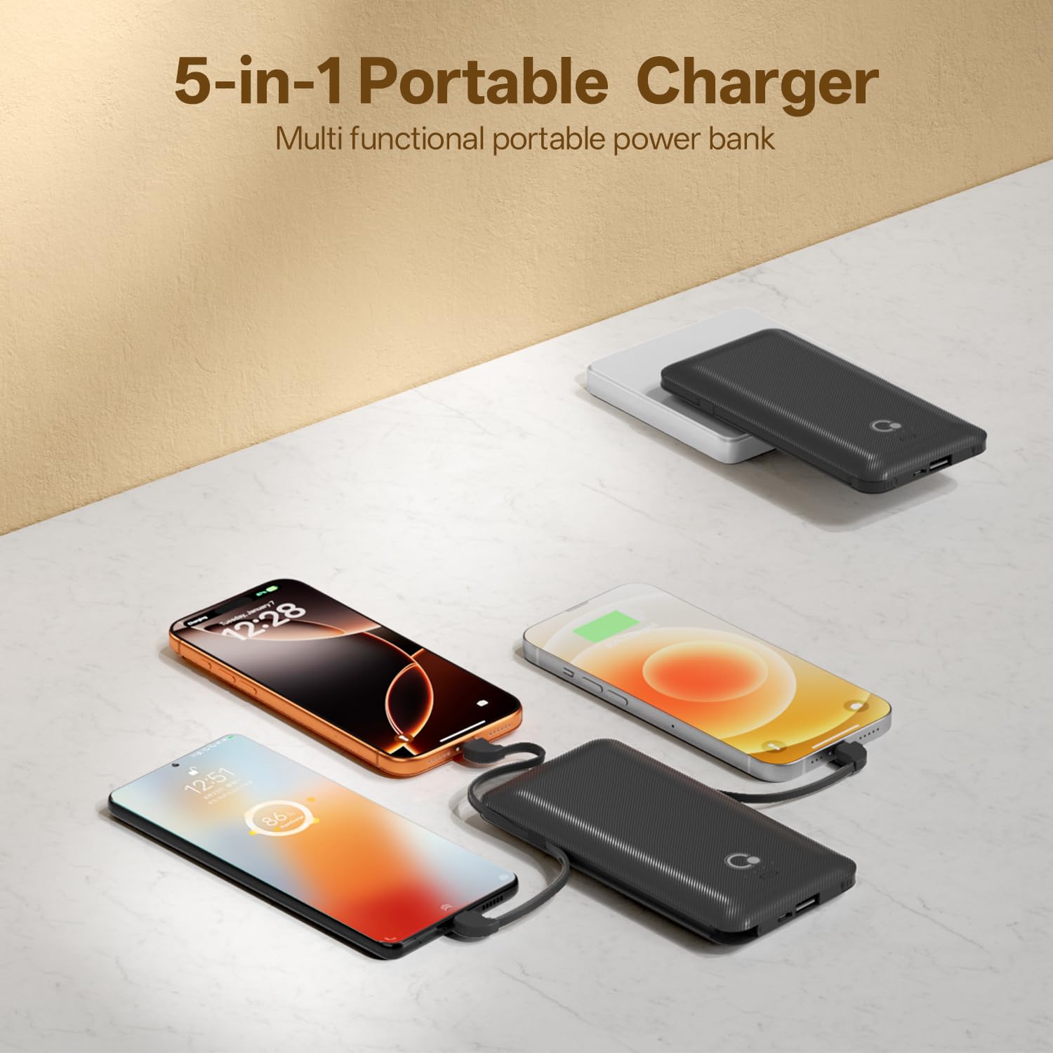 Brand Q Cargador portátil con cables integrados y enchufe de pared de CA, cargador delgado USB C esencial de viaje de 10000 mAh, batería externa compatible con iPhone, Samsung, tablet y todos los