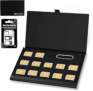 BLUECRAFT Nano SIM Card Case (Max. 12 Nano SIM Slots) Slim Aluminum Antistatic Holder with SIM Card adapters and Removal Ejector Pin Tool(Black)