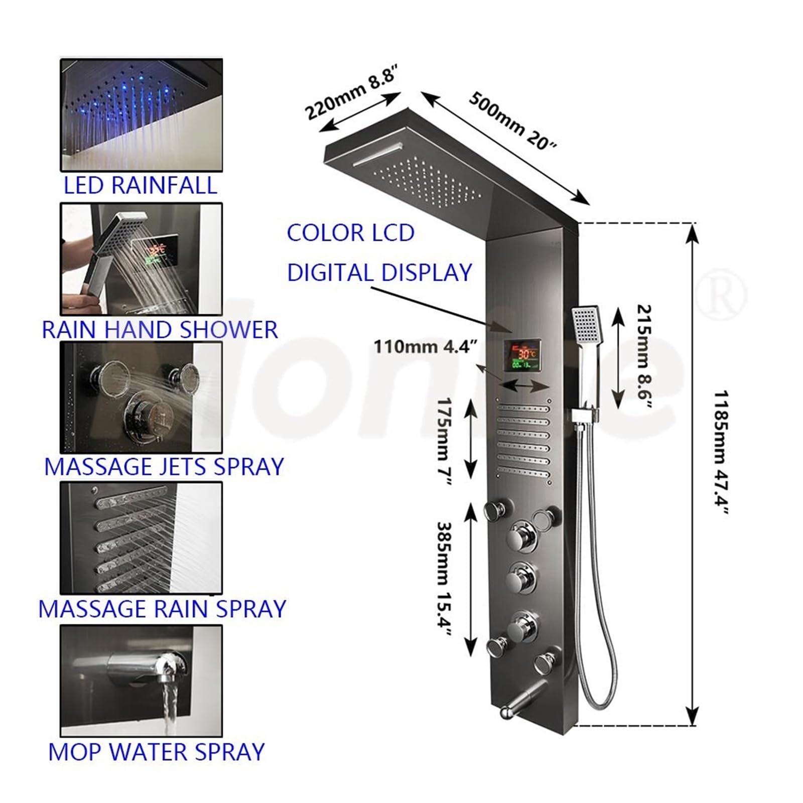 Thermostatisches Duschset mit intelligenter Armatu Dunkelgraues Nickel-gebürstetes Digitaldisplay-Duschpaneel, Säulen-LED-Regen-Wasserfall-Dusch-Spa-Düsen, Bad-Duschmischer-Wasserhahn ( Color : Dark G