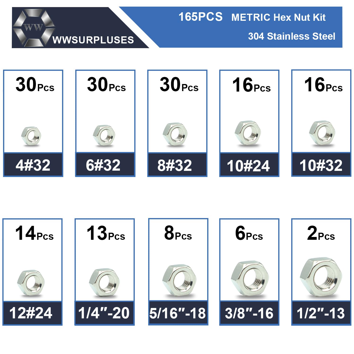 165 Pack SAE Hex Nuts Assortment Kit, 4#40 6#32 8#32 10#24 10#32 12#24 1/4-20 5/16-18 3/8-16 1/2-13 304 (A2-70) Standard Inch Coarse Thread Hardware Nuts