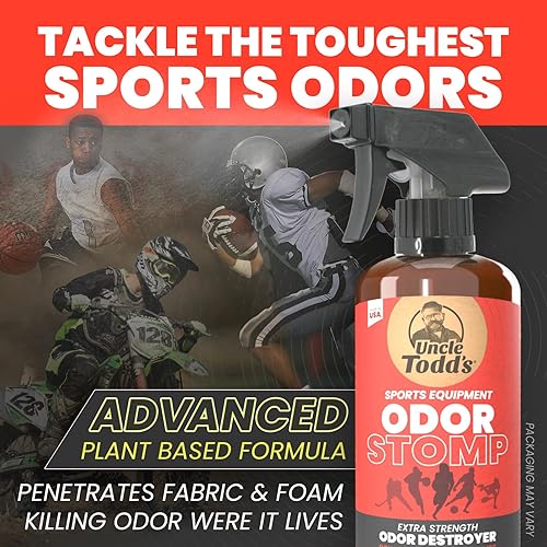 Miniatura 2 de Uncle Todd's Odor Stomp Sports Equipment Eliminador de olores en espray  Desodorizador de enzimas extra fuerte para fútbol, hockey, bolsas de