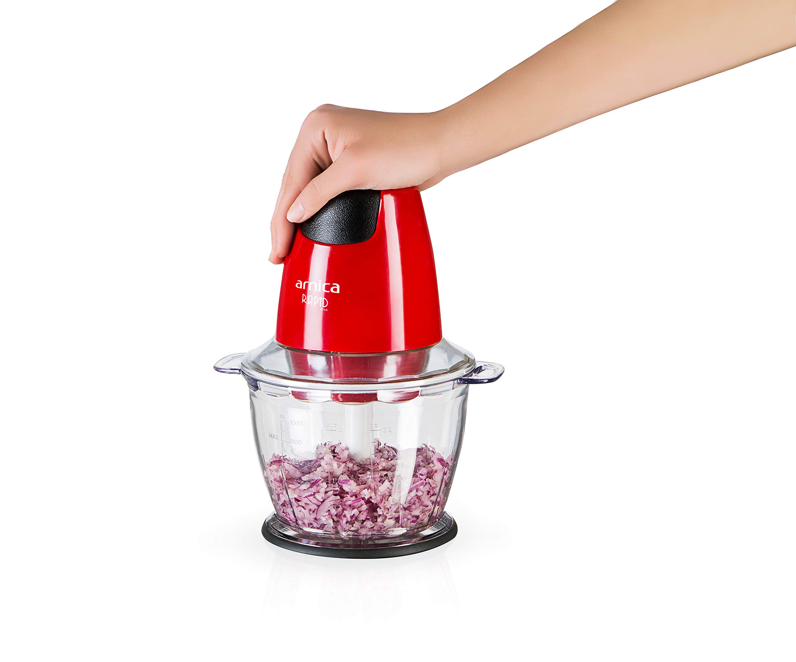 arnica Rapid Plus - Zerkleinerer - 500W mit Einhandbedienung - 1,3L Behälter - Doppelmesser für Gemüse, Kräuter, Nüsse - Rot