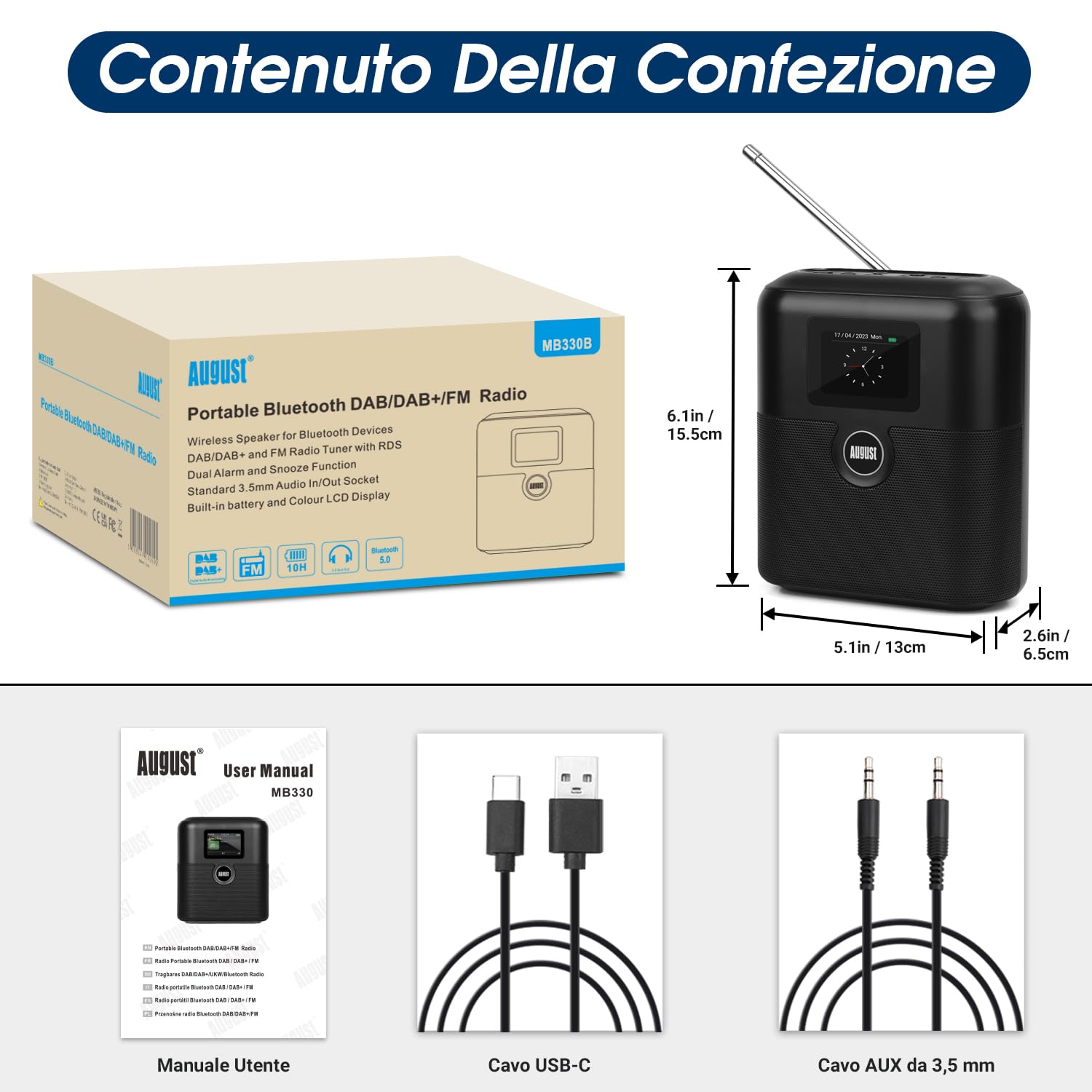 August MB330 Radio DAB Portatile con Bluetooth - DAB/DAB+/FM Radio Digitale, USB Ricaricabile Doppio Radiosveglia, 60 Preset,Timer Spegnimento,AUX In/Out,EQ,Display Colori per Cucina, Camera e Outdoor