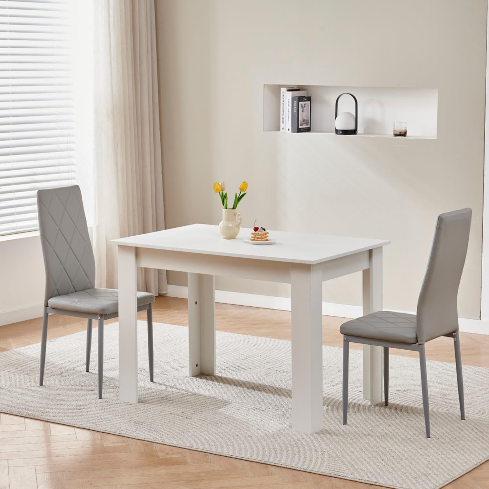 Homullel 110cm Dining Table and 2 Chairs, 2 Seater Kitchen Table and Chairs Set for Space Saving, Dining Room Set for 2, White (2 Seaters, PU Gray #2) — image 1