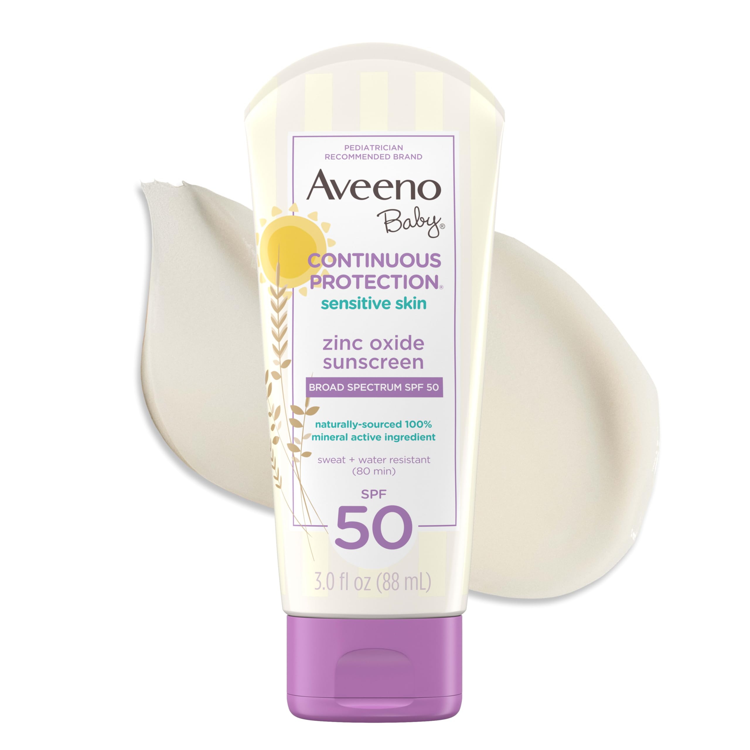 Aveeno Baby Continuous Protection Zinc Oxide Mineral Sunscreen Lotion With Broad Spectrum SPF 50, Sweat And Water Resistant, 3.0 Fl. Oz