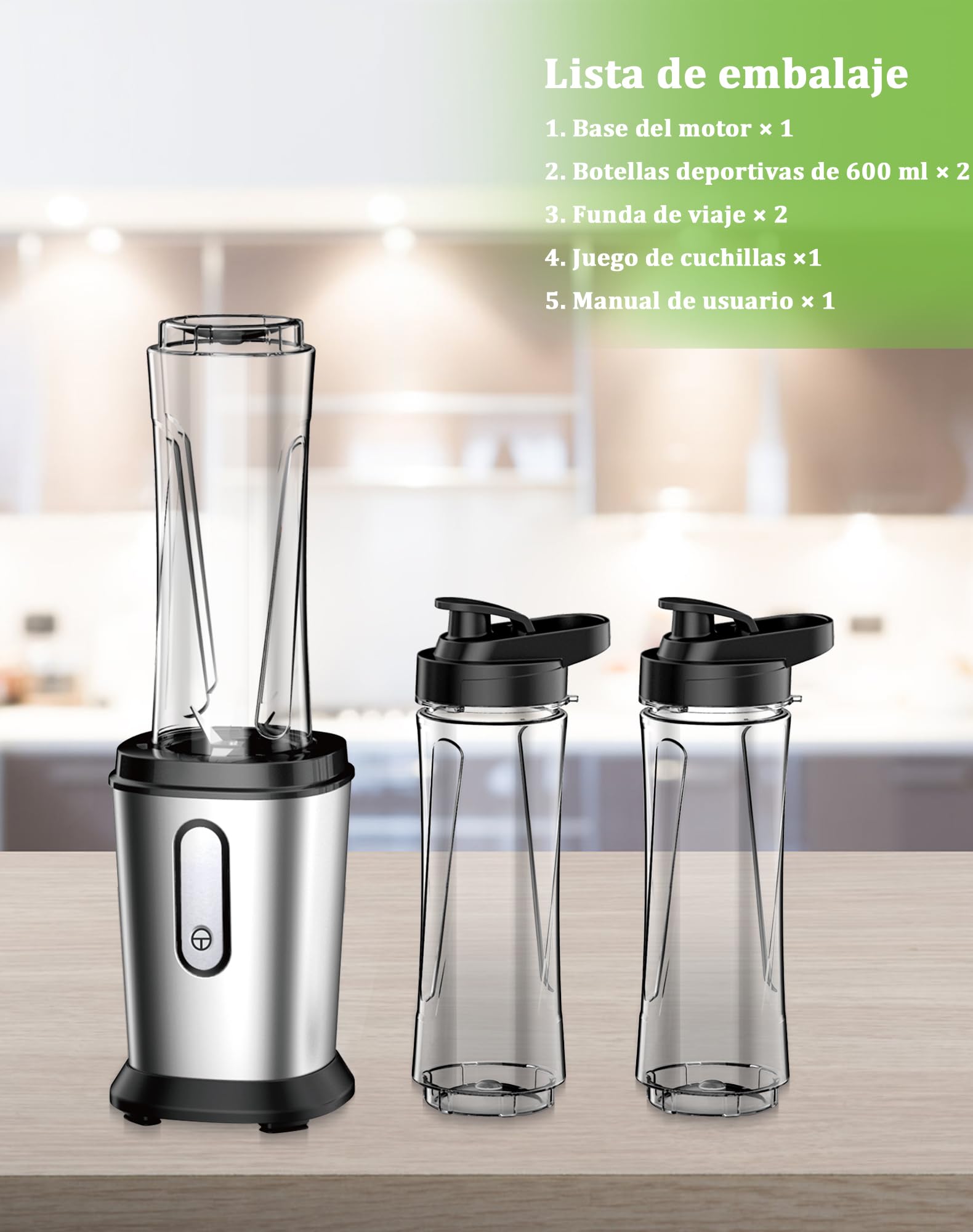 Batidora de Vaso, 500W Mini Portatil Batidora de Vaso Smoothies Individual con 2 Botellas de 600 ml de Plástico Tritan, Licuadora para Zumos, Batidos, Verduras, Frutas