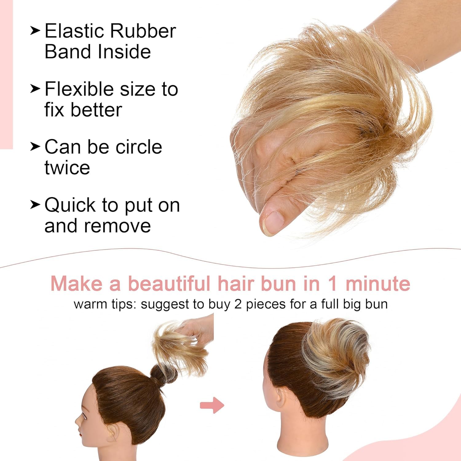 SEGO Human Hair Messy Bun Hairpieces Real Scrunchies Smoothed Updo Donut Chignon Wavy Ponytail Extensions for Women Girls,#12P613 Golden Brown&Bleach Blonde - Image 4