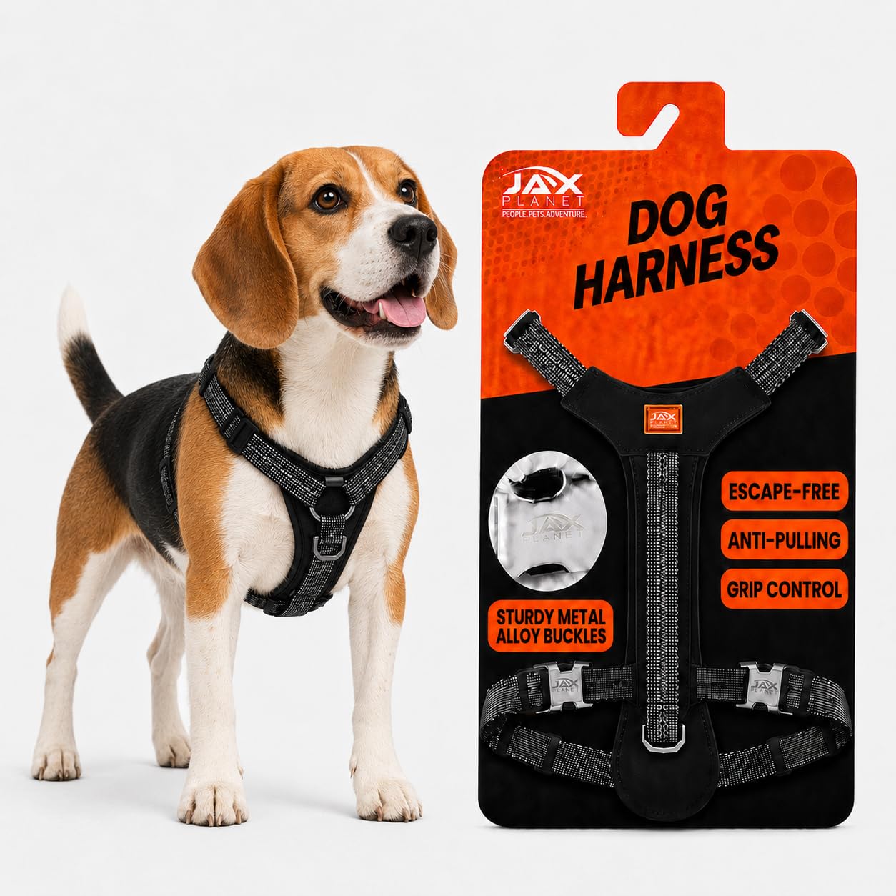 Arnés antitirones para perro con asa, a prueba de escapes, arnés de neopreno resistente con correa en H acolchada con ribete reflectante, hebillas de metal seguras (negro, M: cuello: 16.9-23.6