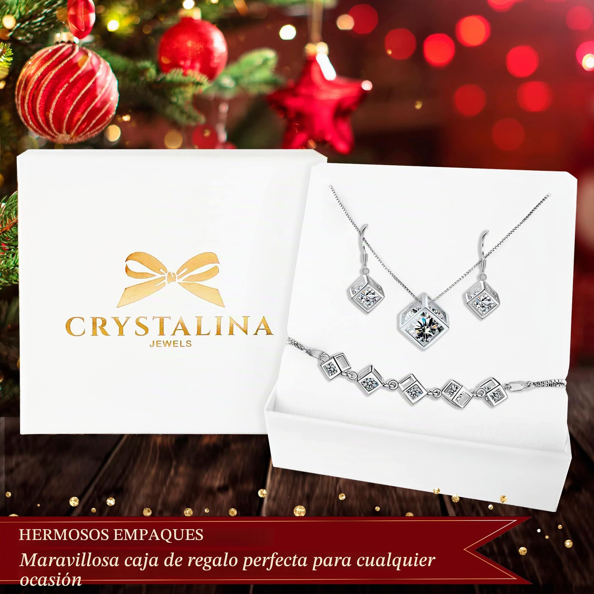 Crystalina Conjunto Joyas Mujer con Cristales Brillantes | Collar y Pendientes con Circonitas | Acabado en Oro o Plata | Regalos Originales y Elegantes para Mujer