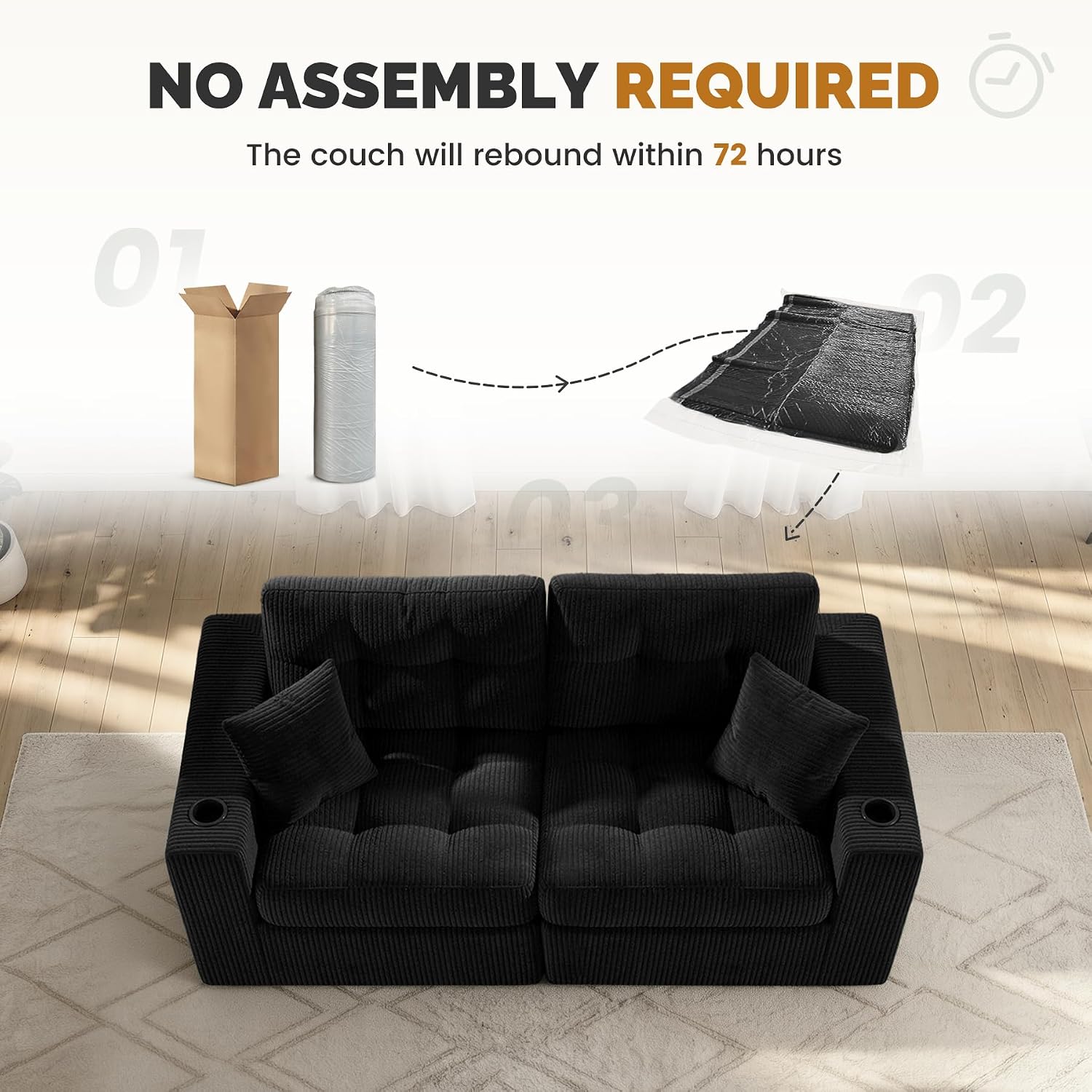 Luxanimarion 80" Boneless Loveseat Sofa, Cloud Couch with Layered Cushion, Small Couch Compressed Foam Sofa for Living Room, Apartment, Office, Black Corduroy