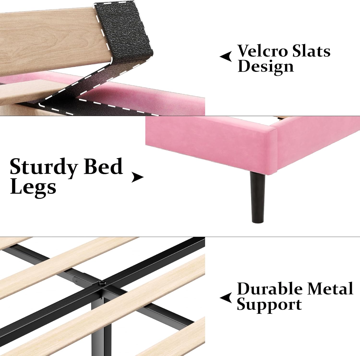 Detailed view of bed frame components including velcro slats, sturdy bed legs, and durable metal support