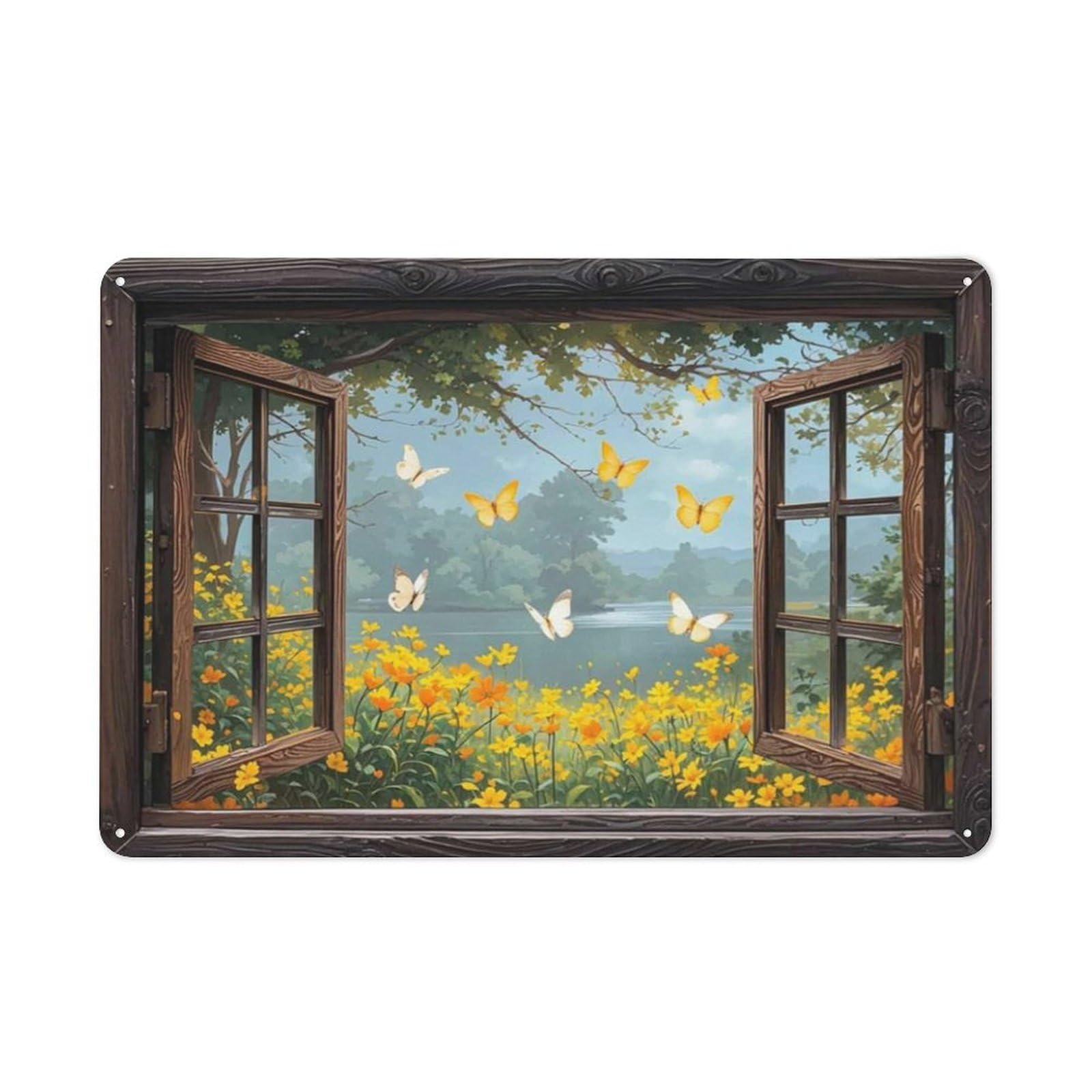 Rustic Metal Tin Sign, Yellow Flower Sun Scenery Rustic Wall Art, Living Room Fresh Landscape Decor 12x8 Inch