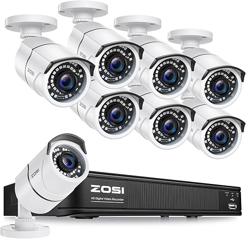 ZOSI Sistema de cámara de seguridad H.265+ de 1080p para el hogar, 5MP Lite 8 canales CCTV DVR y 8 cámaras balas impermeables de 1080p para
